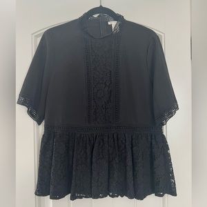 Black short sleeve lace detail peplum top